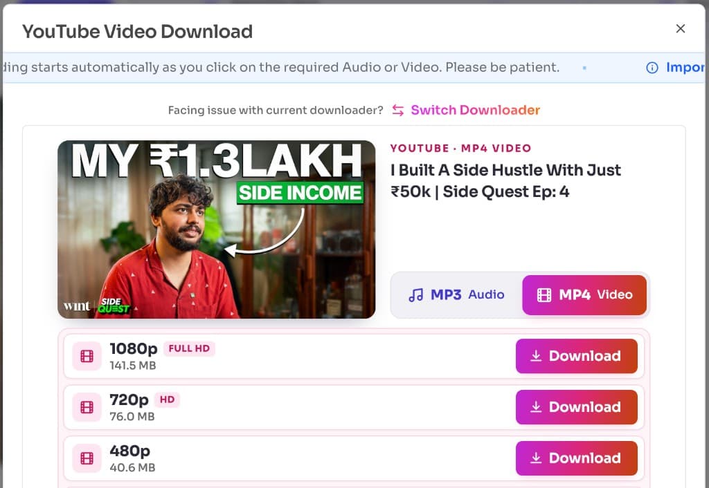 YouTube Video Download quality list with 1080p Full HD, 720p HD, and 480p Instant Download buttons