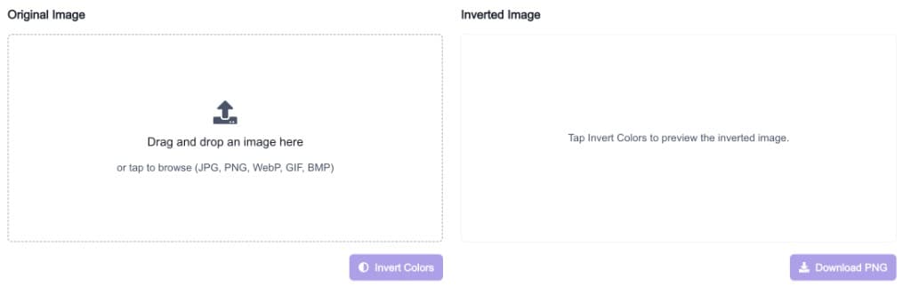 Image Color Inverter upload area with drag and drop zone and Invert Colors button