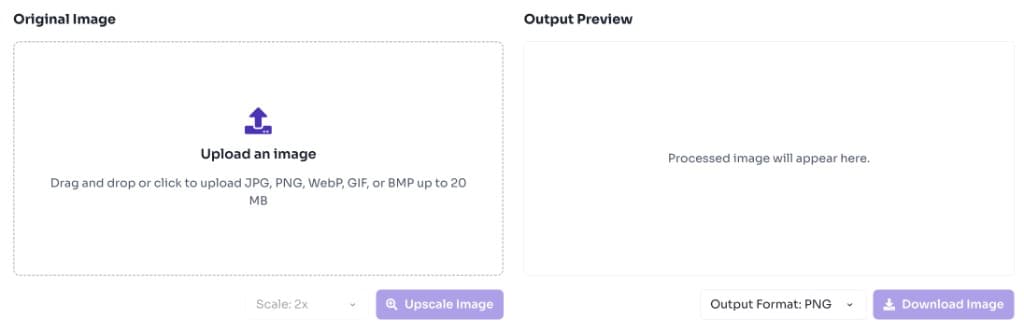Image upscaler upload area with drag and drop zone