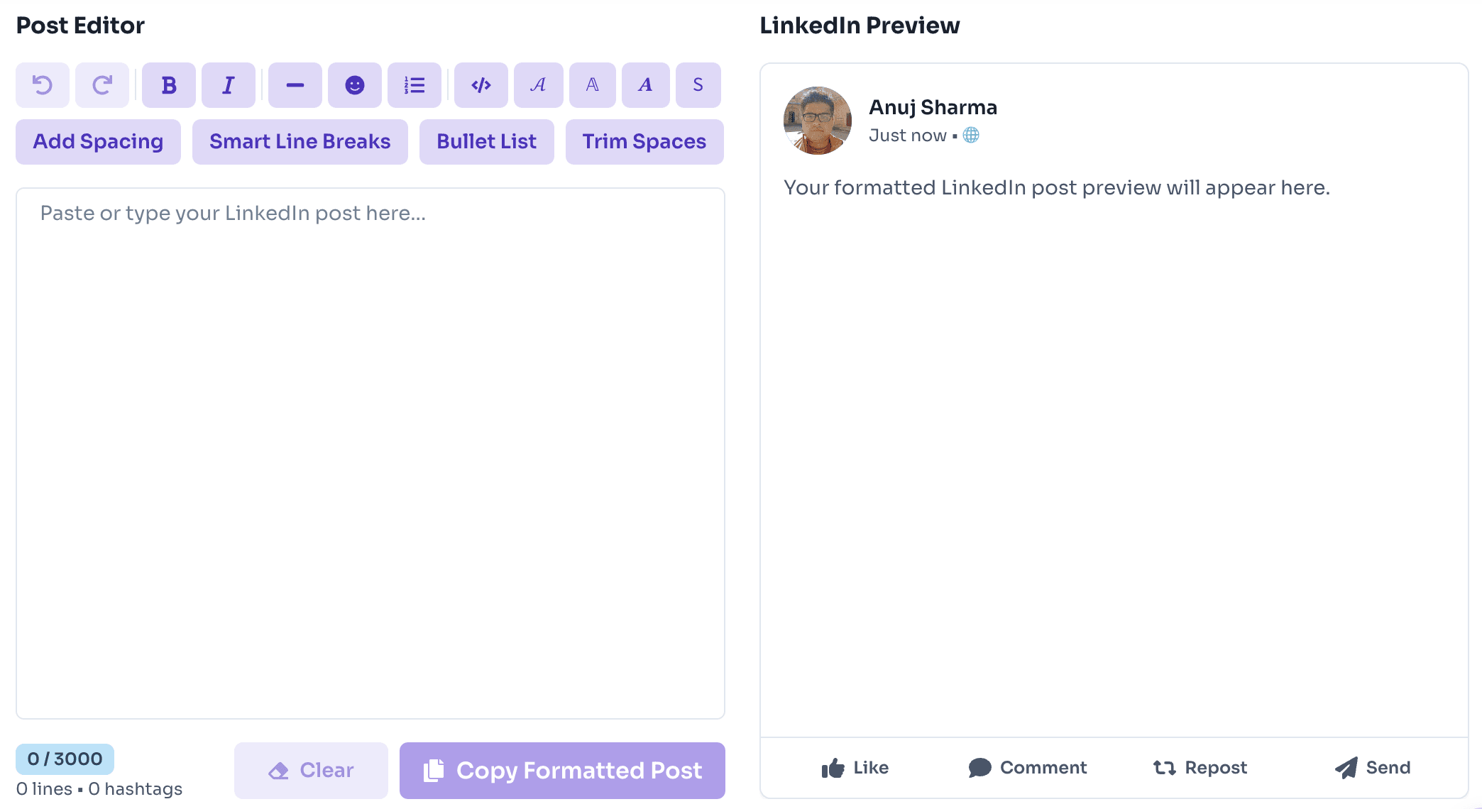 LinkedIn text formatter Post Editor with empty draft area and LinkedIn Preview placeholder