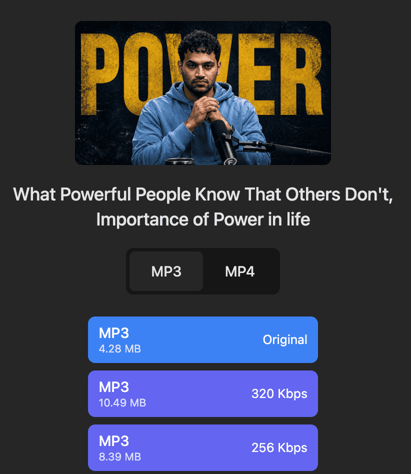 YouTube to WAV Converter - select audio quality for browser download