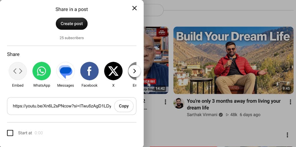 Step 1: Copy the YouTube video URL from Share YouTube Share dialog showing the video link and Copy button to copy a YouTube URL for MP4 conversion