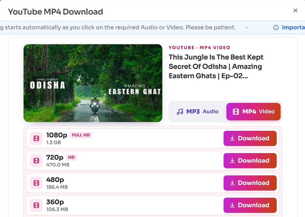 Step 5: Choose the video quality and download MP4 YouTube MP4 Download quality list with 1080p Full HD, 720p HD, 480p, and 360p Instant Download buttons