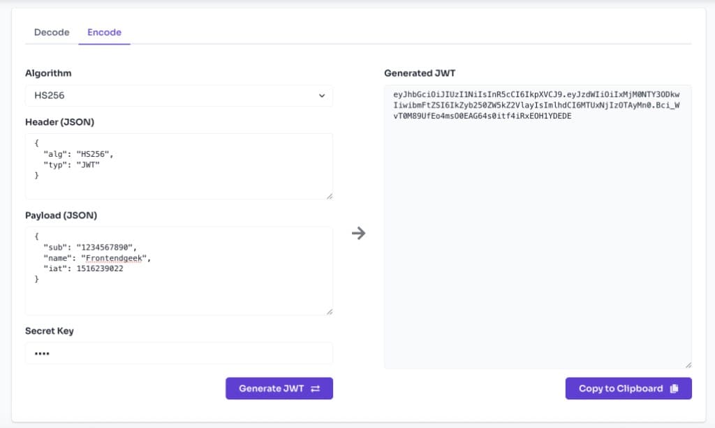 JWT encode tool showing algorithm, header, payload, secret key inputs and generated JWT output
