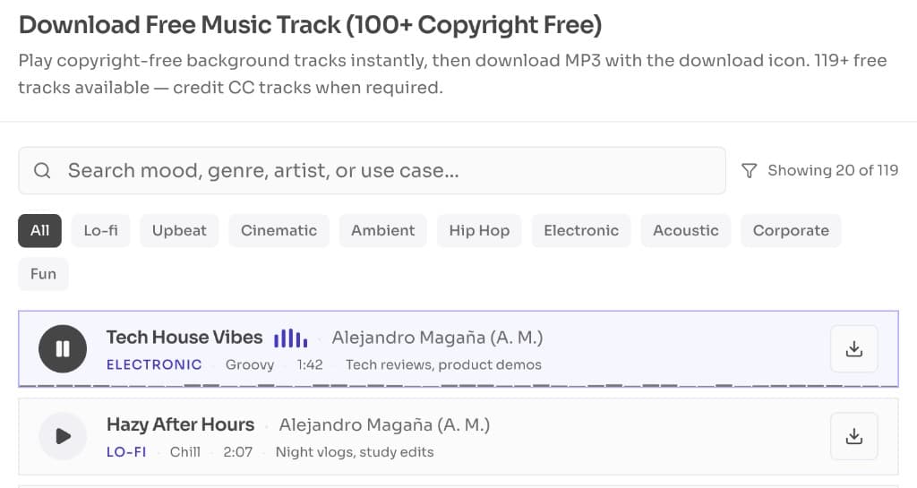 How to Download Copyright Free Music (MP3 Audio) — Step 3: Preview the track How to Download Copyright Free Music (MP3 Audio) — Preview a copyright free track playing before you download MP3