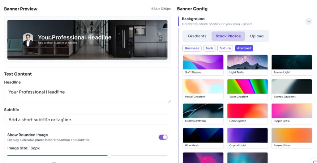LinkedIn banner generator showing stock photo background selection with abstract thumbnails and live banner preview LinkedIn banner generator showing stock photo background selection with abstract thumbnails and live banner preview