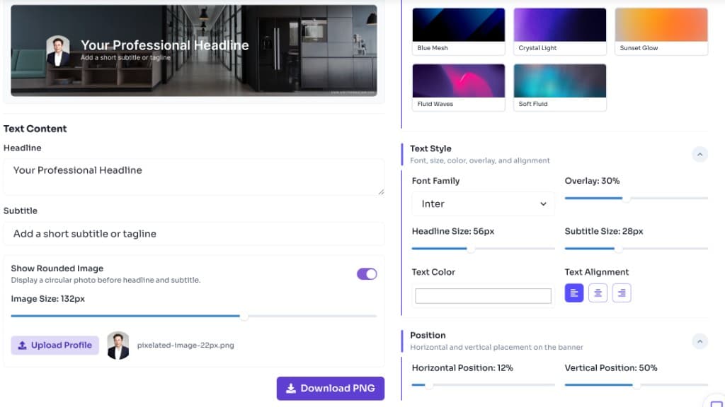 LinkedIn banner generator showing text content, profile image upload, text style controls, and download banner button LinkedIn banner generator showing text content, profile image upload, text style controls, and download banner button