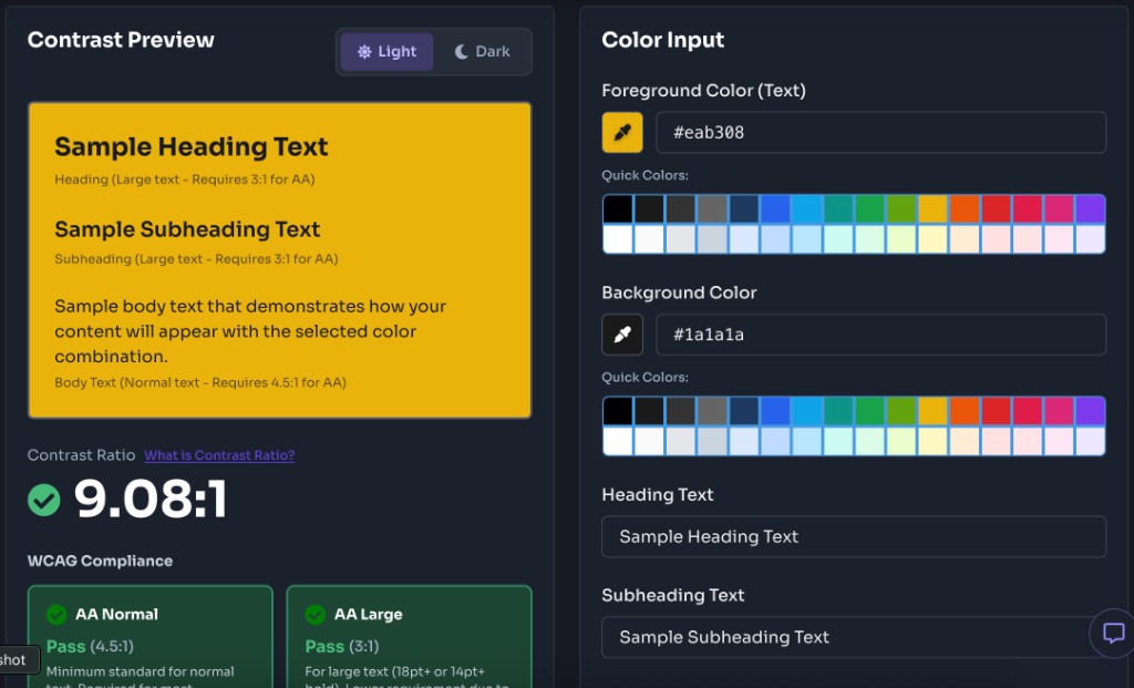 Accessibility Color Contrast Checker — Review Results — Review contrast results Accessibility Color Contrast Checker — Review Results — Review contrast results