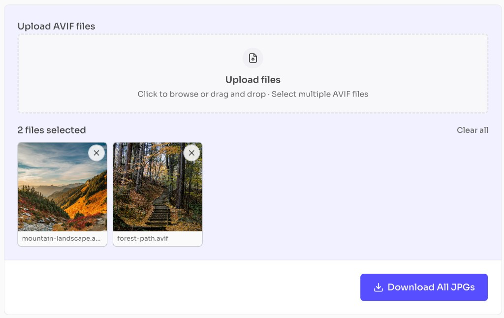 Free AVIF to JPG Converter Online — Download JPG — AVIF to JPG converter with selected files and Download All JPGs button Free AVIF to JPG Converter Online — Download JPG — AVIF to JPG converter with selected files and Download All JPGs button