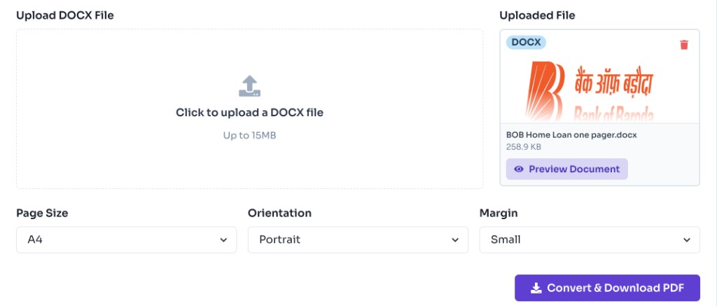 Doc to PDF Converter Online - upload a DOC file and preview the uploaded document