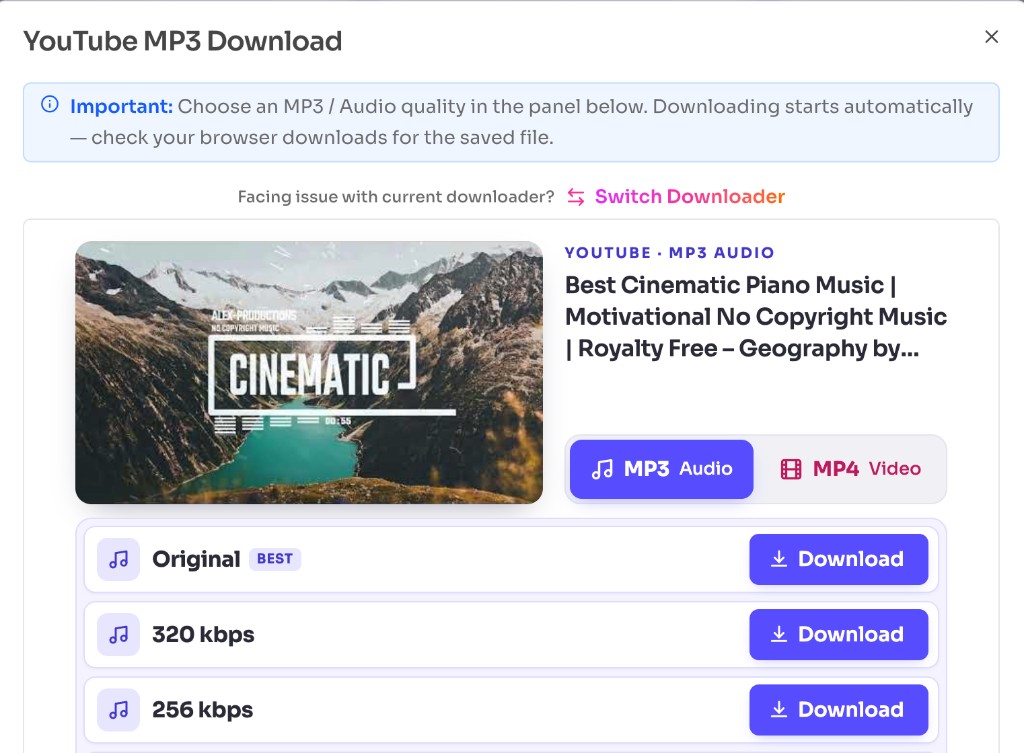 Choose MP3 quality and download copyright free music