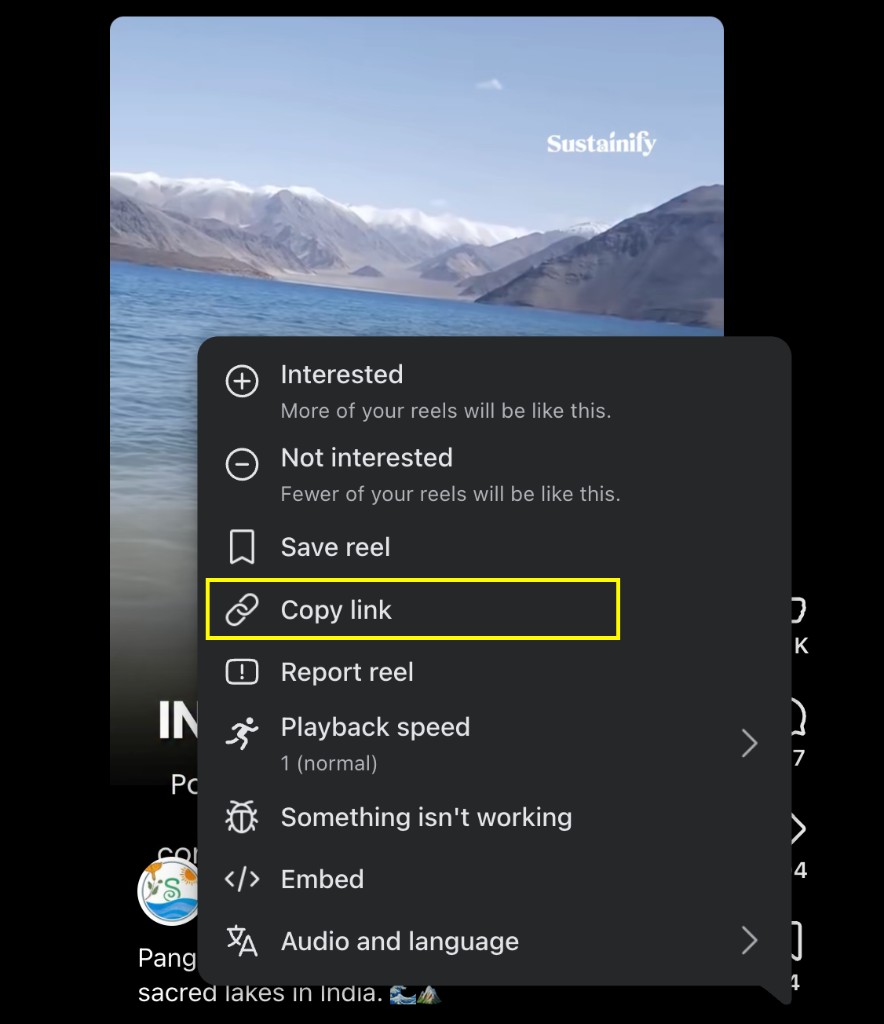 Free Facebook Reel Downloader — Copy the Reel URL — Facebook Reel share menu with Copy link selected