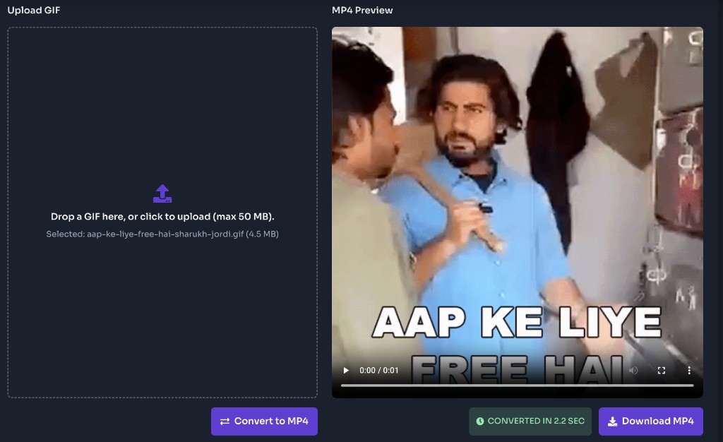 GIF to MP4 Converter Online Free — Download the MP4 — GIF to MP4 converter preview after conversion with Download MP4 button and conversion time GIF to MP4 Converter Online Free — Download the MP4 — GIF to MP4 converter preview after conversion with Download MP4 button and conversion time