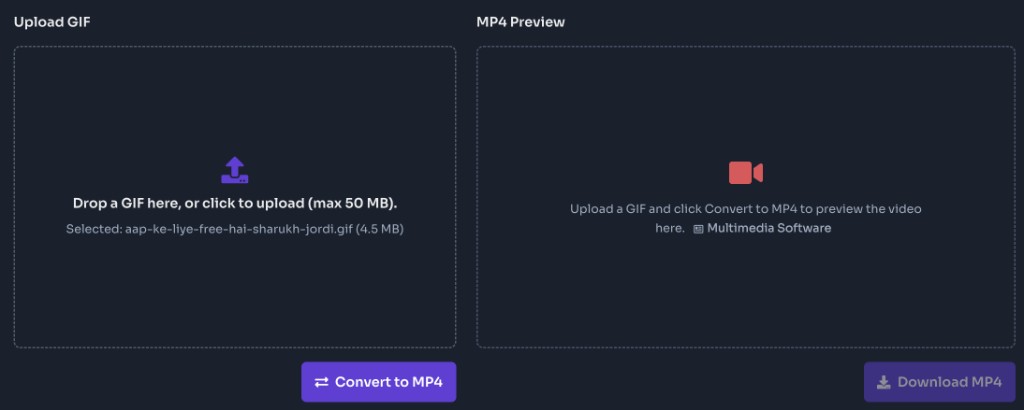 GIF to MP4 Converter Online Free — Upload the GIF — GIF to MP4 converter upload panel with a GIF file selected and Convert to MP4 button GIF to MP4 Converter Online Free — Upload the GIF — GIF to MP4 converter upload panel with a GIF file selected and Convert to MP4 button