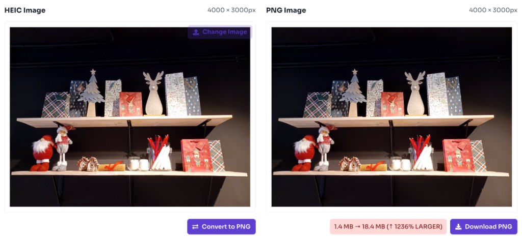 HEIC to PNG converter showing converted PNG preview and download button
