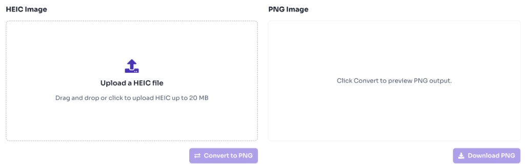HEIC to PNG converter upload area with drag and drop zone