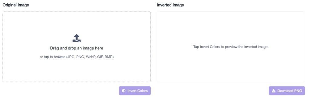 Image Color Inverter upload area with drag and drop zone and Invert Colors button