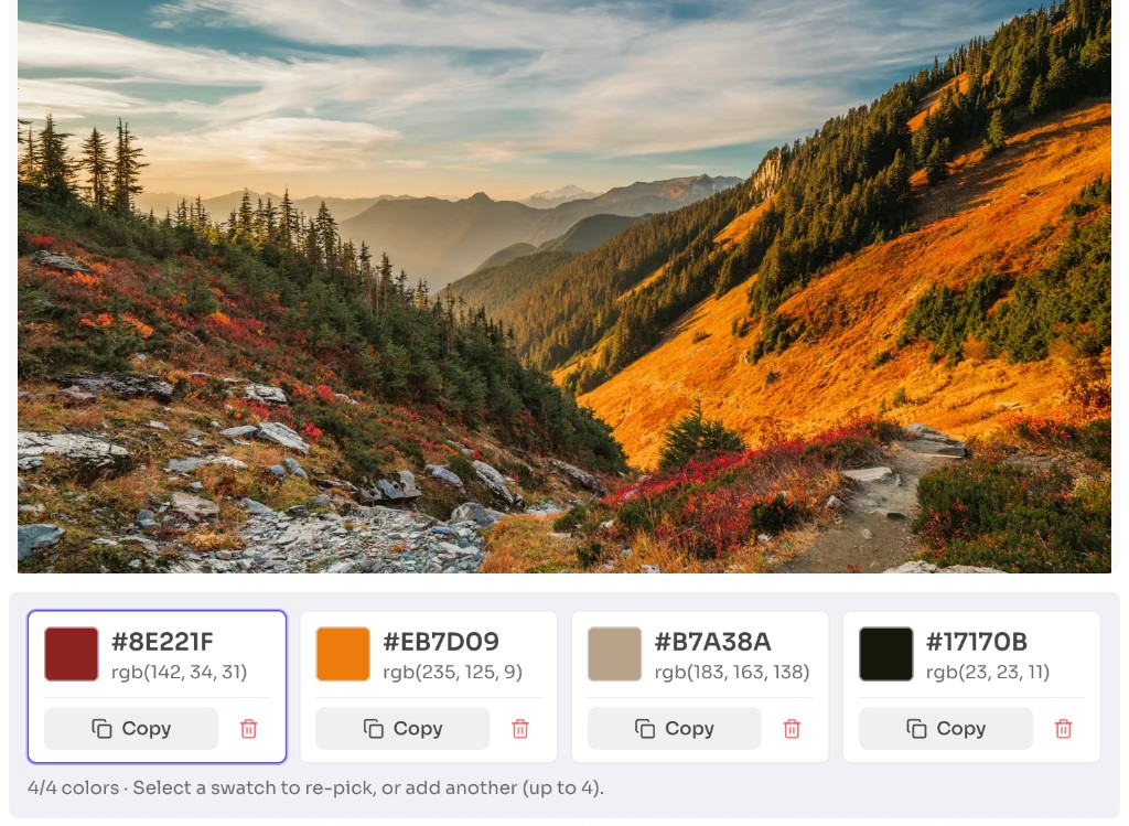 Free Image Color Picker — picked color swatches with HEX and RGB values — frontendgeek Free Image Color Picker — picked color swatches with HEX and RGB values — frontendgeek