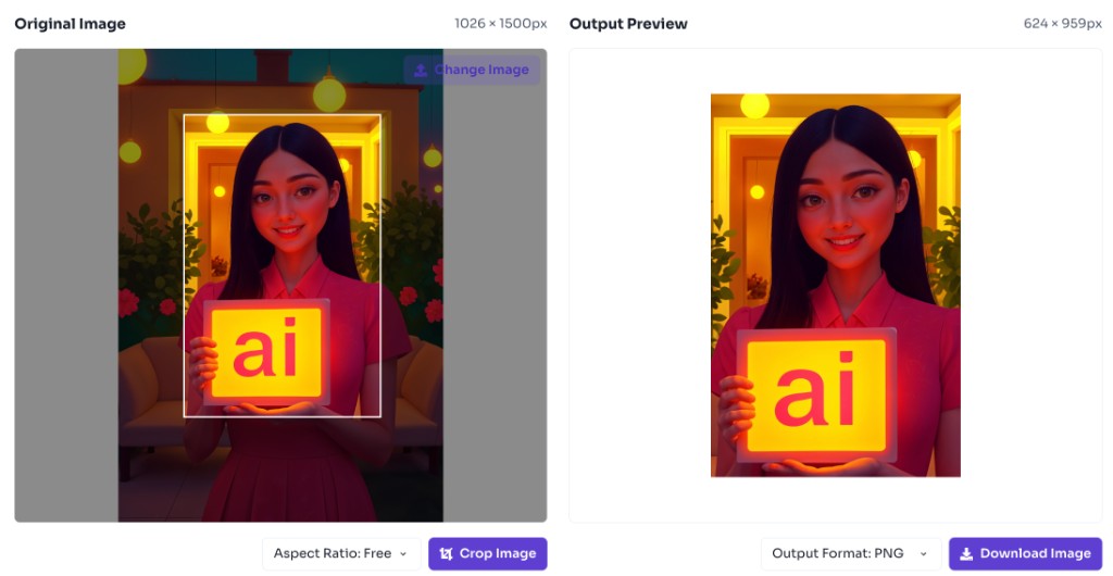 Image cropper showing crop selection and output preview side by side
