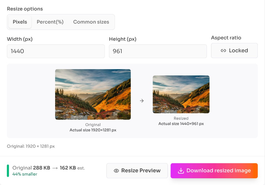 Free Image Resizer Online — Pixels tab with width, height, and original versus resized preview — frontendgeek