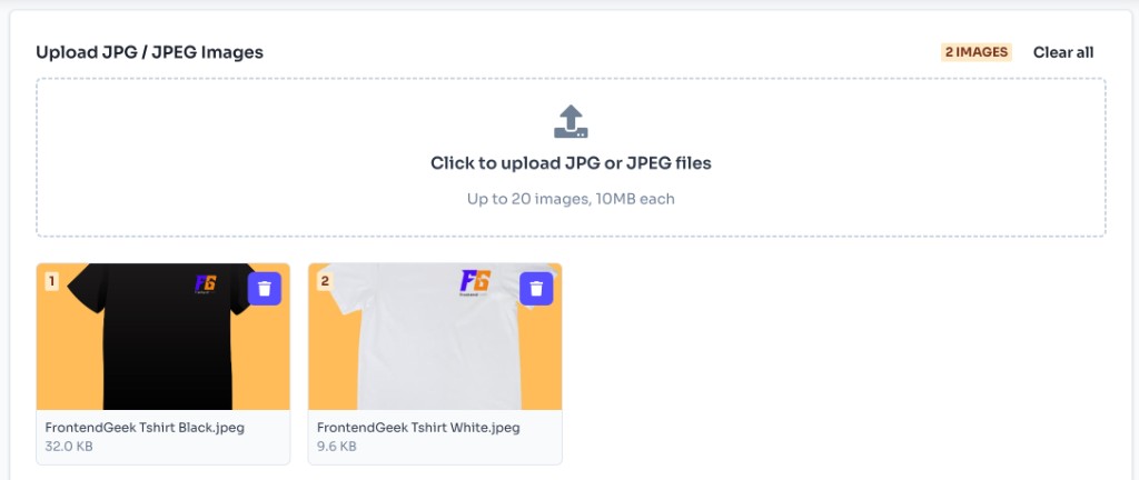 JPG to PDF Converter Online - review uploaded JPG image thumbnails with remove and clear options JPG to PDF Converter Online - review uploaded JPG image thumbnails with remove and clear options