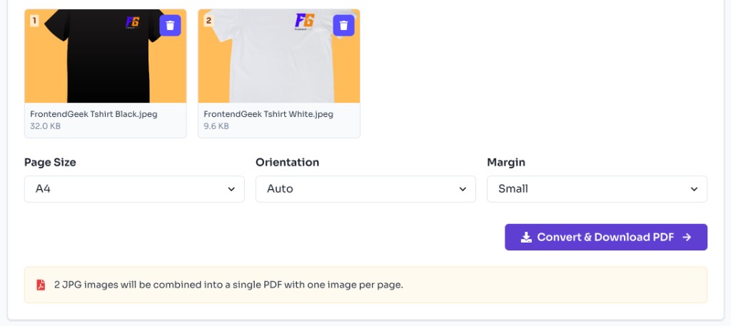 JPG to PDF Converter Online - PDF page size, orientation, margin settings, and download button JPG to PDF Converter Online - PDF page size, orientation, margin settings, and download button