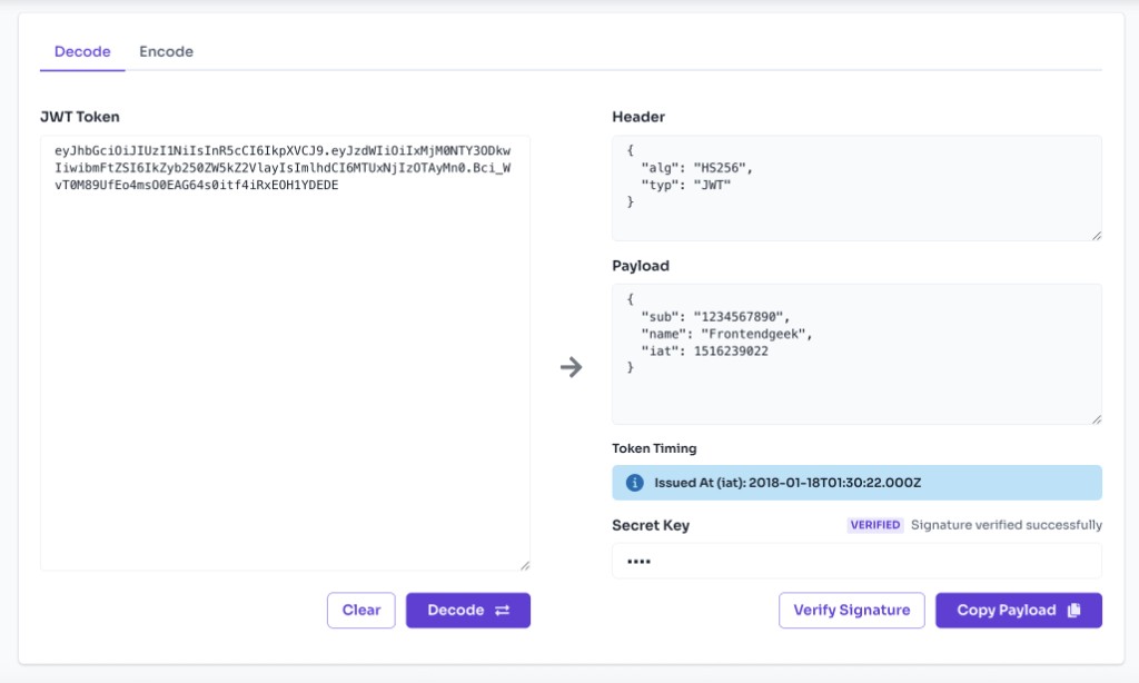 JWT Token Decode Encode Online Free — Inspect Header and Payload — JWT decode tool showing decoded header, payload, token timing, and signature verification JWT Token Decode Encode Online Free — Inspect Header and Payload — JWT decode tool showing decoded header, payload, token timing, and signature verification