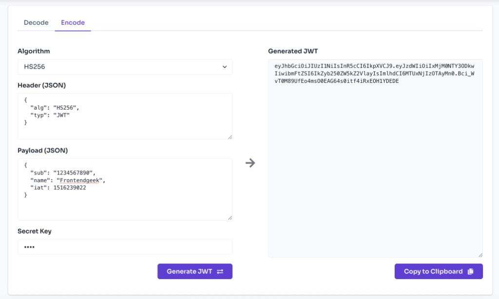 JWT Token Decode Encode Online Free — Encode a New JWT — JWT encode tool showing algorithm, header, payload, secret key inputs and generated JWT output JWT Token Decode Encode Online Free — Encode a New JWT — JWT encode tool showing algorithm, header, payload, secret key inputs and generated JWT output