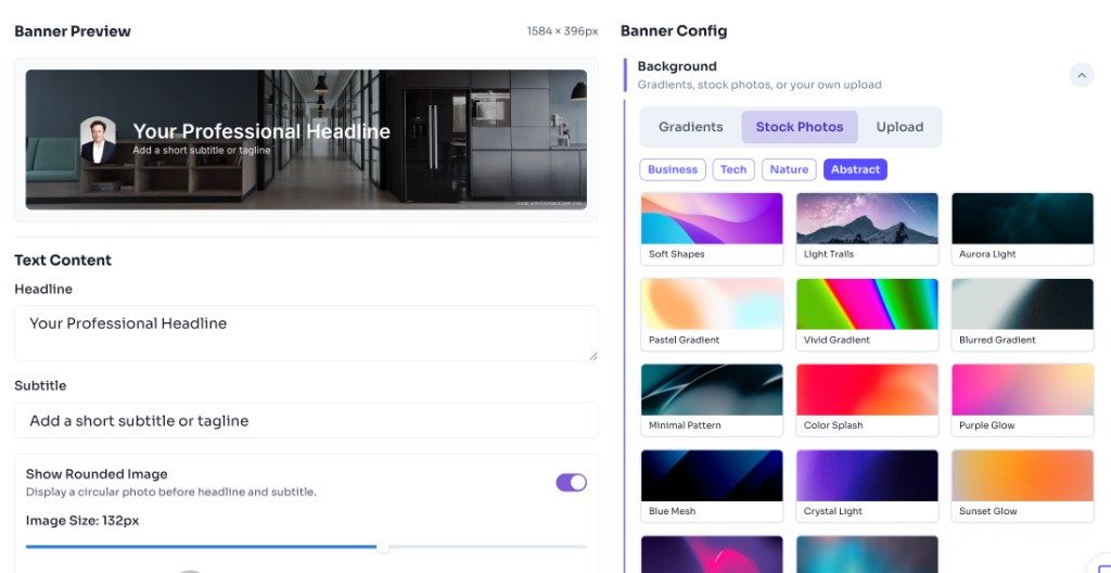 Free LinkedIn Banner Generator — Choose a Background — LinkedIn banner generator showing stock photo background selection with abstract thumbnails and live banner preview