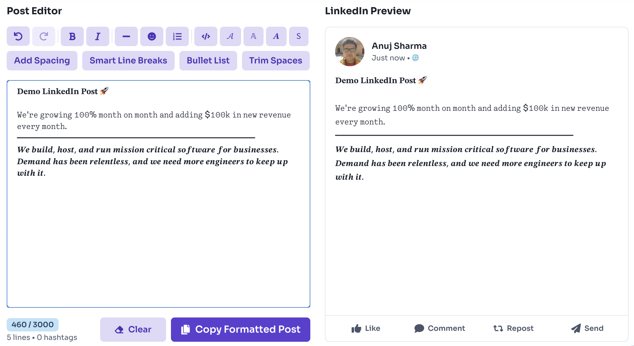 Free LinkedIn Text Formatter — Preview and Copy — LinkedIn text formatter showing formatted post preview and Copy Formatted Post button Free LinkedIn Text Formatter — Preview and Copy — LinkedIn text formatter showing formatted post preview and Copy Formatted Post button