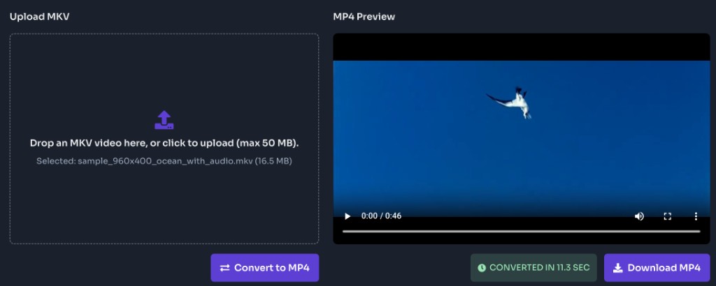 MKV to MP4 Converter Online Free — Download the MP4 — MKV to MP4 converter preview after conversion with Download MP4 button and conversion time MKV to MP4 Converter Online Free — Download the MP4 — MKV to MP4 converter preview after conversion with Download MP4 button and conversion time