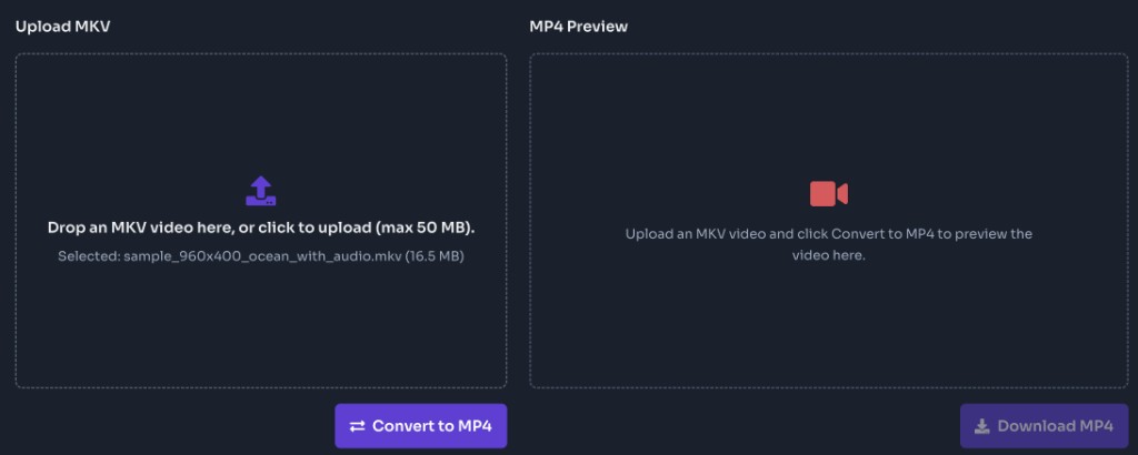 MKV to MP4 Converter Online Free — Upload the MKV — MKV to MP4 converter upload panel with an MKV file selected and Convert to MP4 button MKV to MP4 Converter Online Free — Upload the MKV — MKV to MP4 converter upload panel with an MKV file selected and Convert to MP4 button