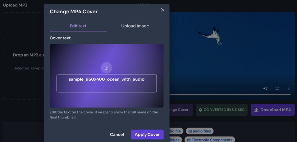 MP3 to MP4 Converter Online Free — Customize the cover — MP3 to MP4 converter Change Cover modal to edit cover text or upload a custom image