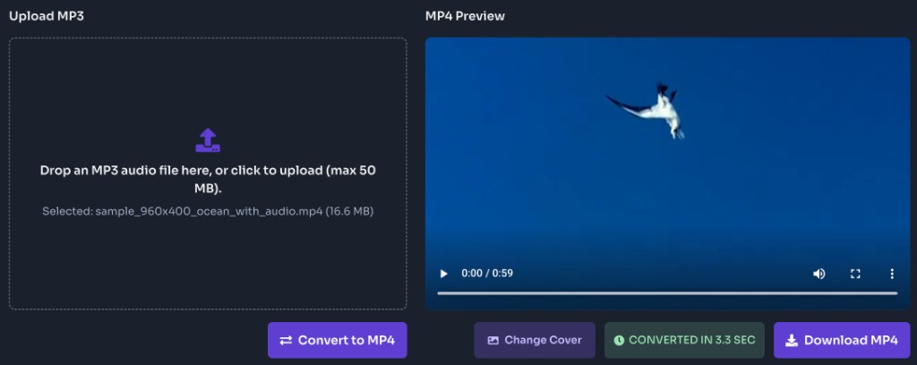 MP3 to MP4 Converter Online Free — Convert and download — MP3 to MP4 converter preview after conversion with Change Cover and Download MP4 buttons
