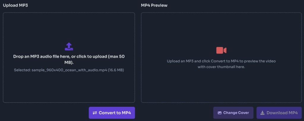 MP3 to MP4 Converter Online Free — Upload your MP3 — MP3 to MP4 converter upload panel with an audio file selected and Convert to MP4 button