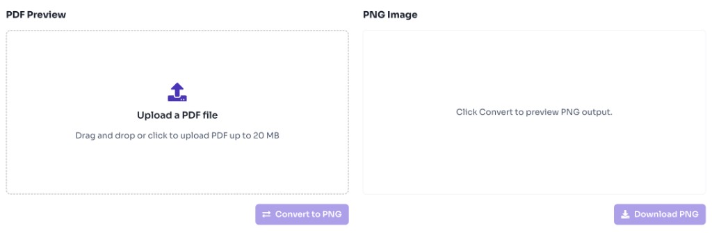 PDF to PNG converter upload area with drag and drop zone