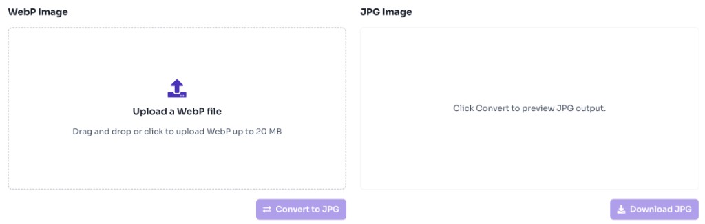 WebP to JPG converter upload area with drag and drop zone
