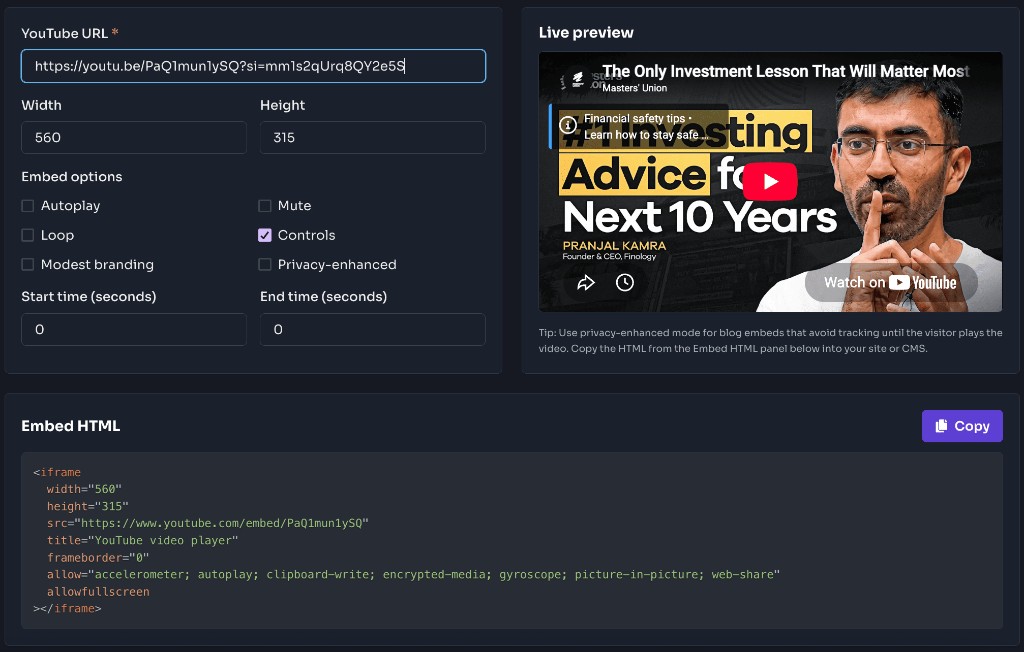 YouTube Embed Generator - Step 3: Copy Embed Code YouTube Embed Generator - Step 3: Copy Embed Code
