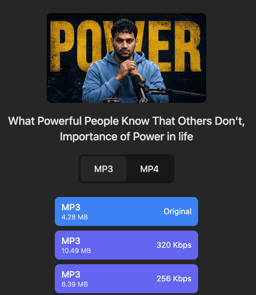 YouTube to MP3 Converter - select MP3 quality for automatic browser download