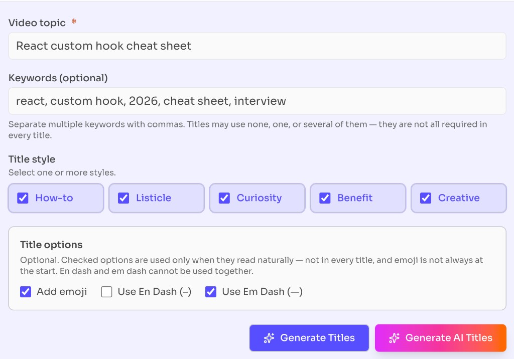AI YouTube Title Generator Free - enter a video topic, keywords, title styles, and title options